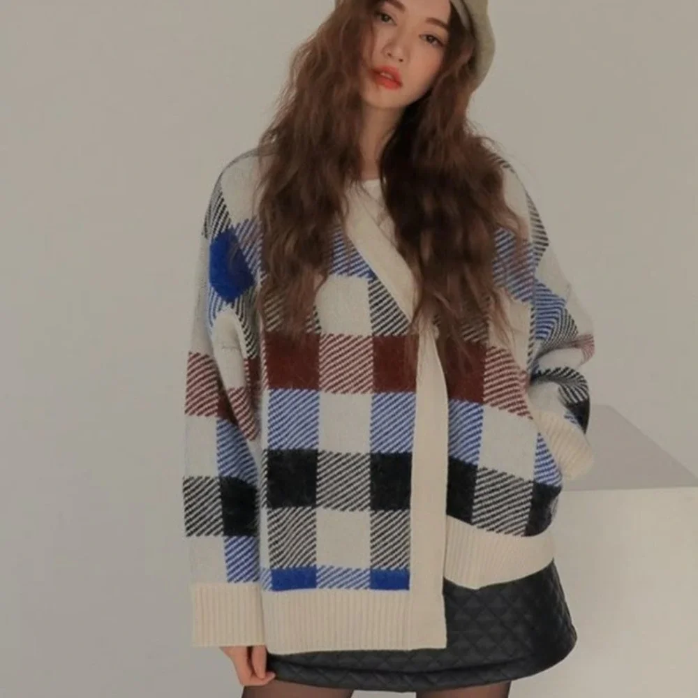Janice Apparel Plaid Cardigan Open‎ Front Knit Sweater Cozy Oversized XL